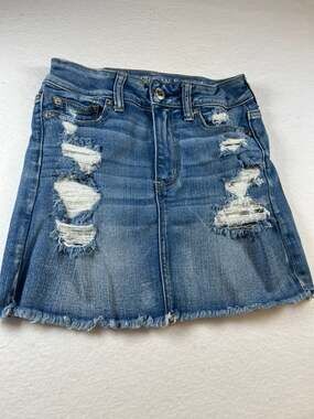 American Eagle Distressed Raw Hem High Rise Denim Mini Skirt  Festival